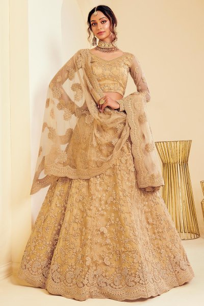 Caramel Gold Net Lehenga Ch...