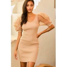 Taupe V Neck Contrast Flower Lace Bubble Sleeve Midi Bodycon Dress