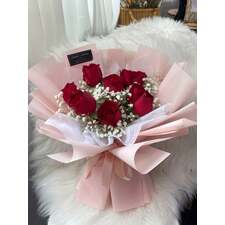 valentines day red rose baby breath bouquet (8 stalks)