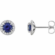 14K White 4.5 mm Round Blue Sapphire &amp; 1/6 CTW Diamond Earrings 