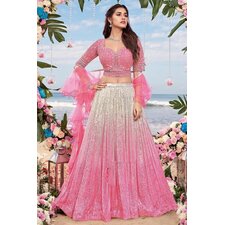Pink &amp; Off White Georgette Ombre Effect Sequined Lehenga Set