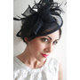 Black Fascinator - "Penny" Mesh Hat Fascinator with Mesh Ribbons and Black Feathers