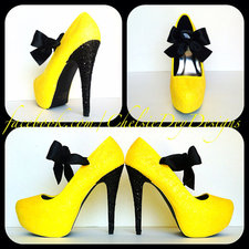 Black and Yellow Glitter Pump High Heels with Satin Bows