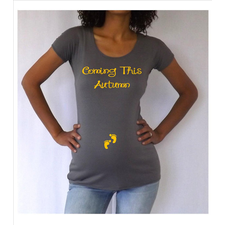 maternity Shirt/Tee "Coming This Autumn" with footprints Perfect to announce the birth of your child
