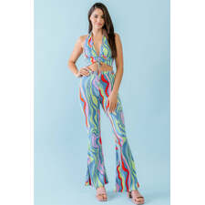 Multicolor Abstract Print Halter V-neck Ruched Open Back Crop Top &amp; High Waist Pants Set
