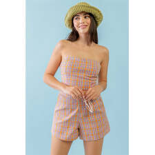 Orange &amp; Aqua Plaid Print Cotton Strapless Crop Top &amp; High Waist Two Pocket Shorts Set