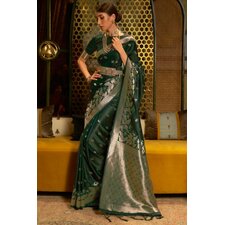 Bottle Green Handloom Weaved Satin Silk Saree