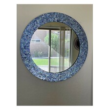 24" Sapphire and Silver, Handmade Round Decorative Glass Mosaic Tile Framed Accent Wall Mirror by DecorShore