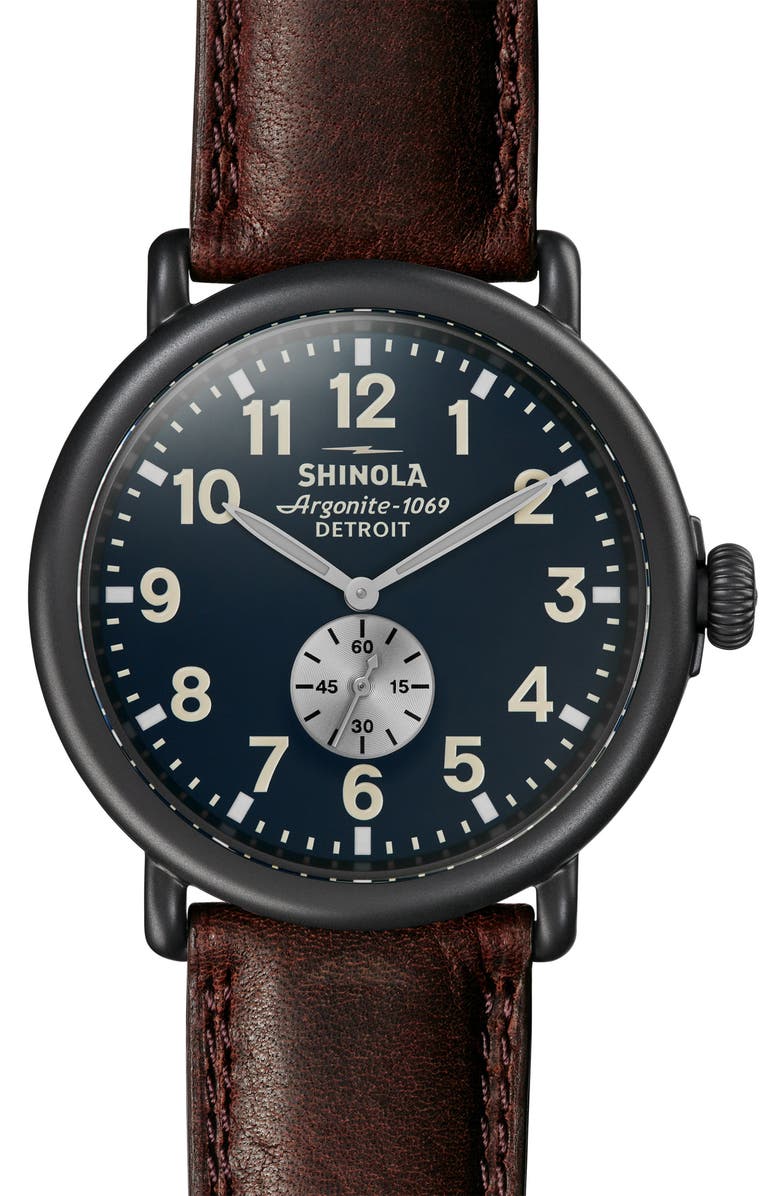 SHINOLA 'The Runwell' Leather Strap Watch, 47mm, Main, color, CATTAIL/ MIDNIGHT/ GUNMETAL