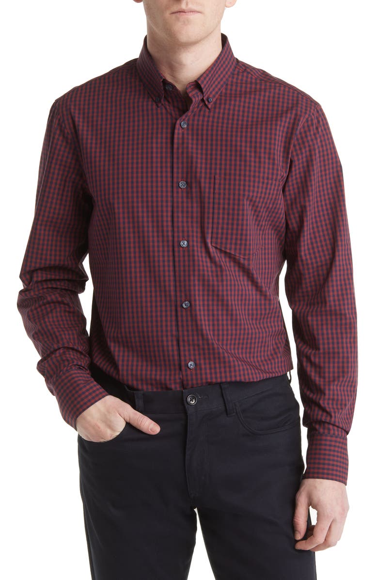 Tech-Smart Trim Fit Gingham CoolMax® Poplin Button-Down Shirt, Main, color, BURGUNDY BRICK WILL GINGHAM