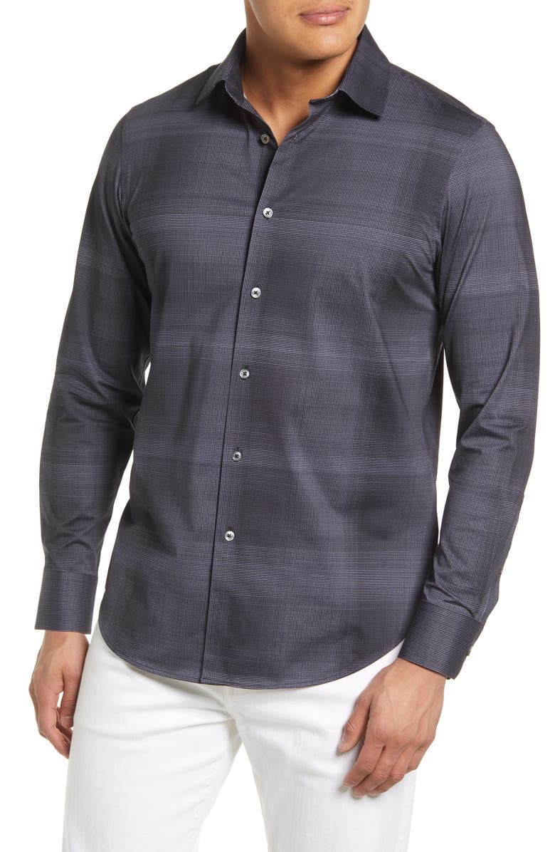 BUGATCHI OoohCotton® Tech Plaid Knit Button-Up Shirt, Main, color, GRAPHITE