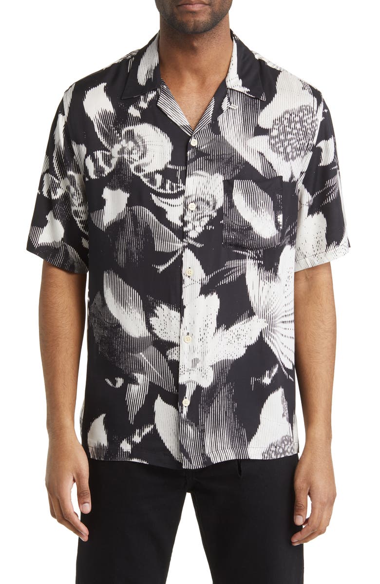 Frequency Floral Short Sleeve Button-Up Camp Shirt, Main, color, JET BLACK