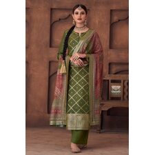 Forest Green Jacquard Silk Kurta Set With Printed Dupatta