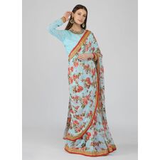 Georgette Blue Floral Printed Saree