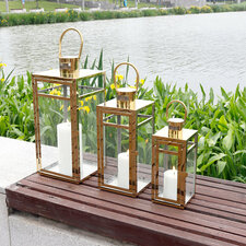 Set Of 3 Stainless Steel Candle Lantern With Tempered Glass (Silver)