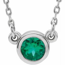 Rhodium-Plated Sterling Silver 4 mm Round Imitation Emerald Solitaire 16 Necklace