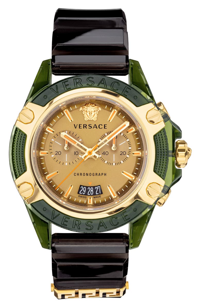 VERSACE Icon Active Chronograph Silicone Strap Watch, 44mm, Main, color, TRANSPARENT GREEN