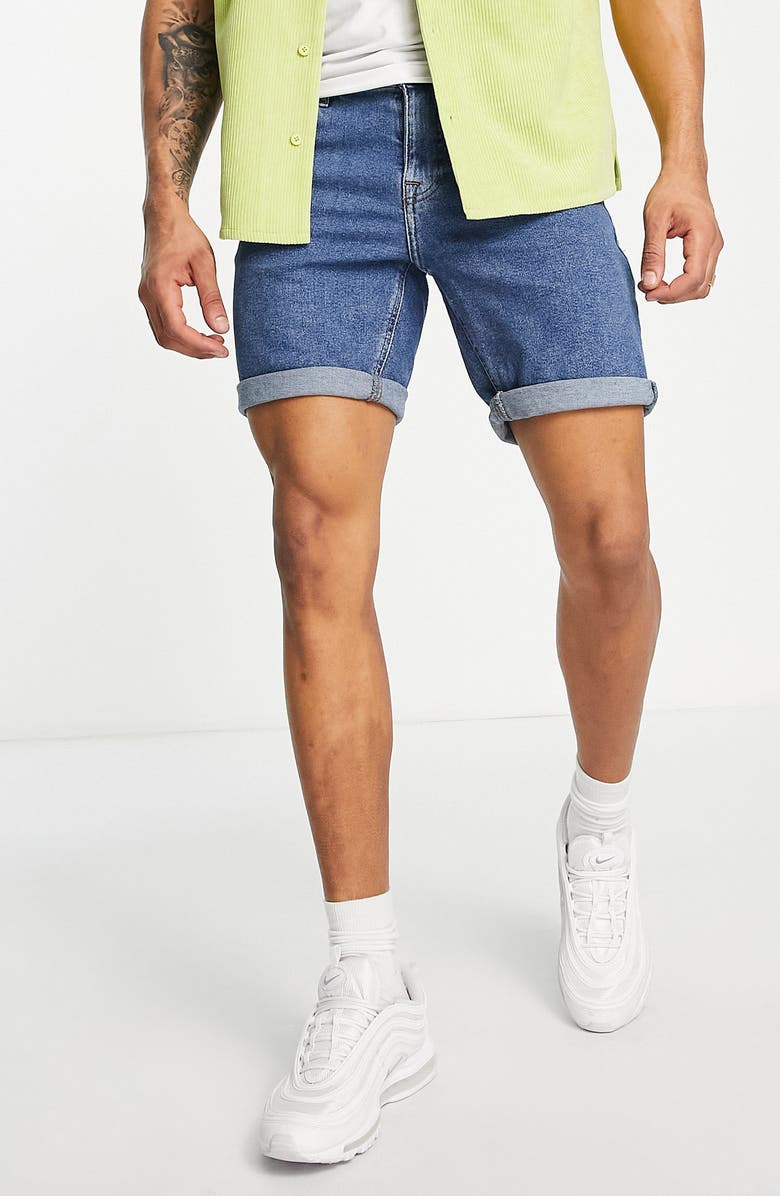 ASOS DESIGN Skinny Denim Shorts, Main, color, MID BLUE