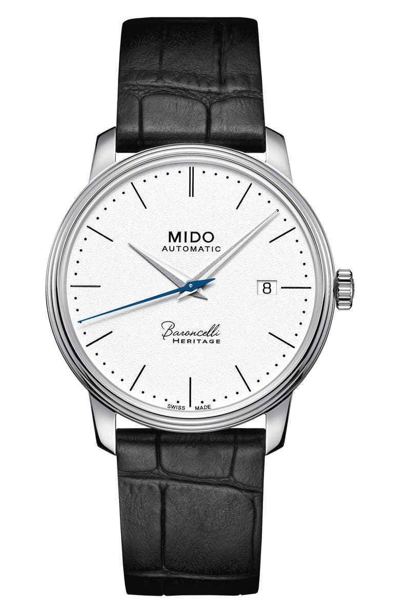 MIDO Baroncelli Heritage Automatic Leather Strap Watch, 39mm, Main, color, BLACK/ WHITE/ SILVER