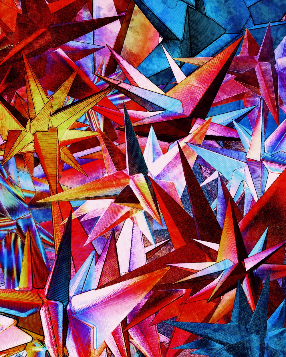 Red and Blue Landscapes of Stellated Polyhedrons with Cells | Rare Digital Artwork | MakersPlace