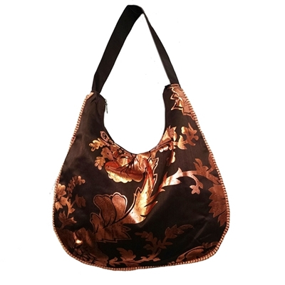Metallic Bloom Hobo - Rich Brown Dupion Silk Fabric Bag, Floral Design, Cheap Hobo Bags & Purses Online At SignatureThings.com