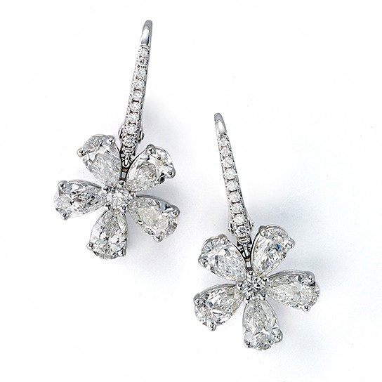 18K Diamond Flower Drop Ear...