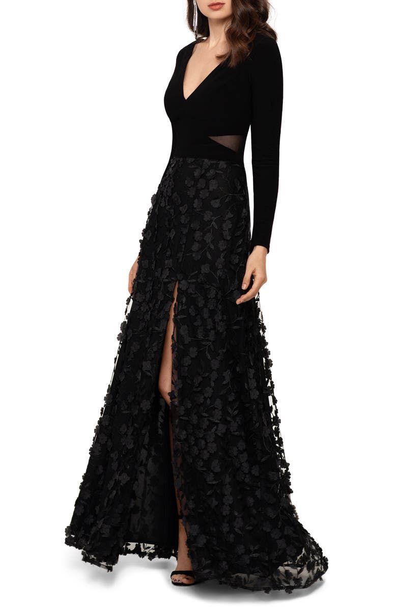 XSCAPE 3D Bloom Long Sleeve Gown, Main, color, BLACK