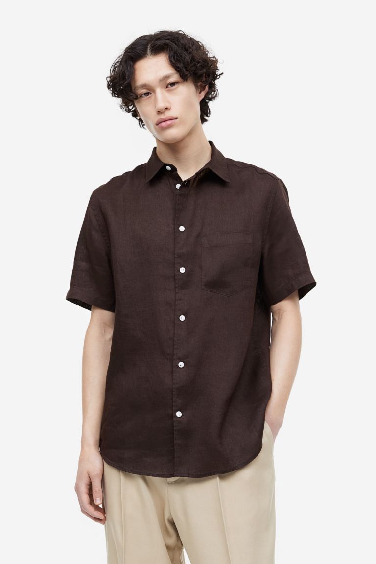 Regular Fit Short-sleeved Linen Shirt - Dark brown - Men 