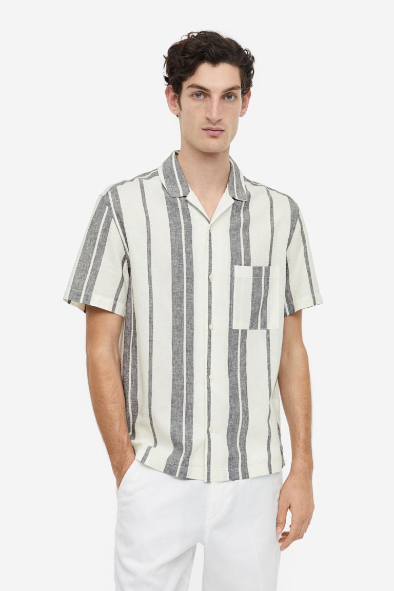 Regular Fit Linen-blend Shirt - White/black striped - Men 