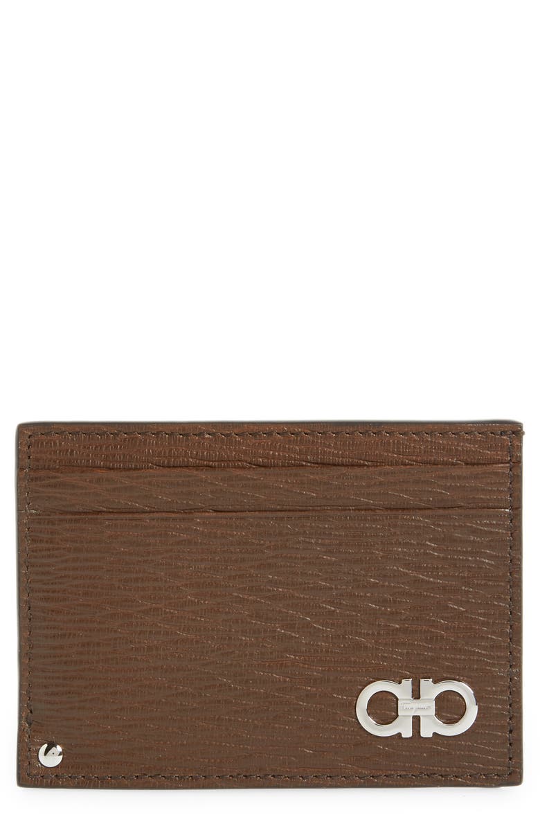 FERRAGAMO Revival Double Gancio Leather Card Case, Main, color, BROWN NERO