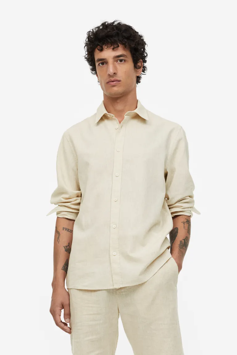 Regular Fit Linen-blend Shirt - Light beige - Men 