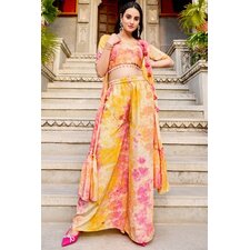 Ready To Wear Yellow &amp; Pink Marbel Print Silk 3 Piece Indo-Western Attire