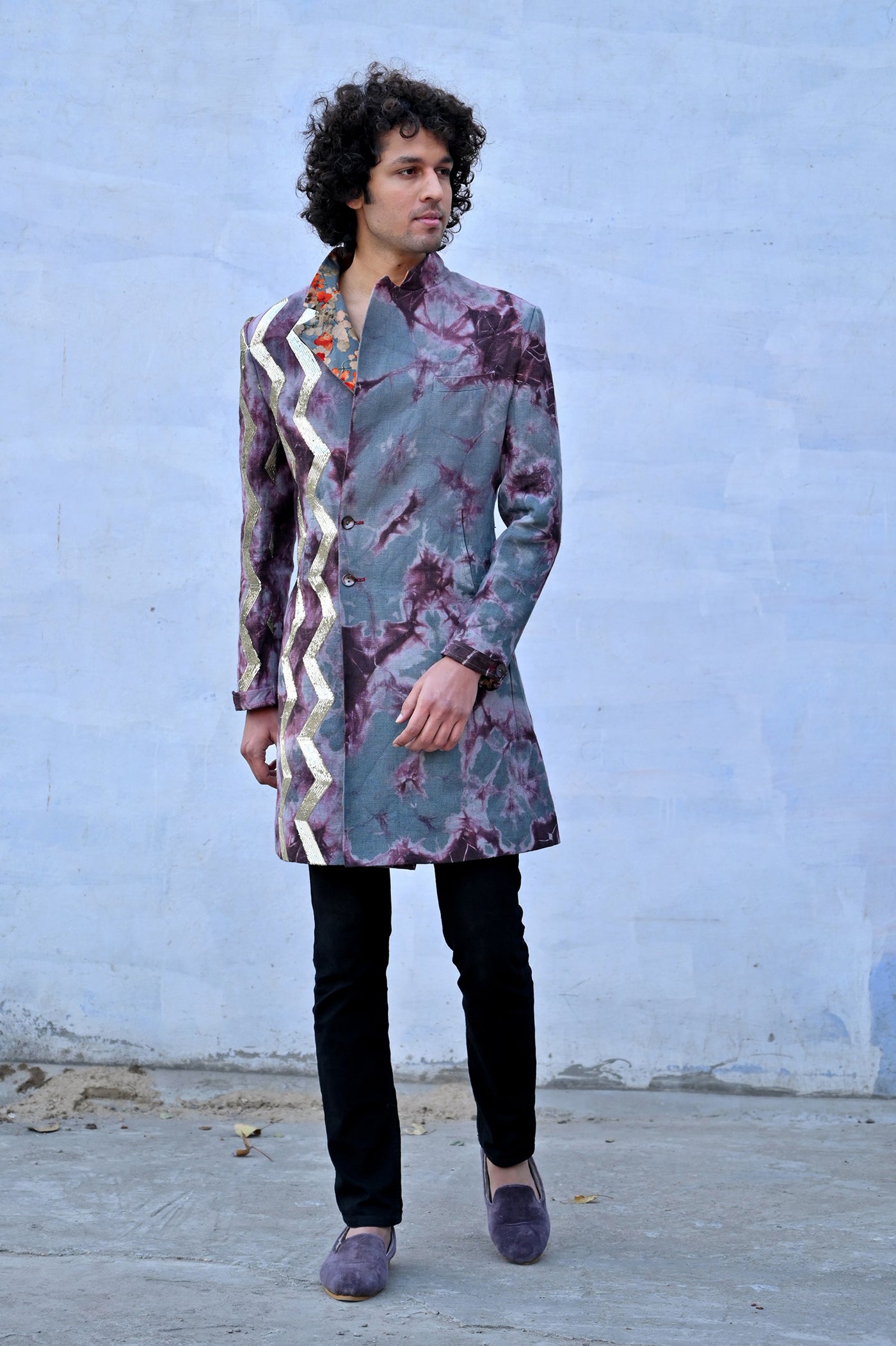 Wine and grey linen coat se...