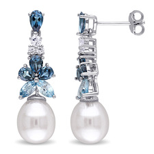 White Cultured Freshwater Pearl And London, Sky Blue And White Topaz Drop Earrings In Sterling Silver