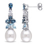 White Cultured Freshwater Pearl And London, Sky Blue And White Topaz Drop Earrings In Sterling Silver