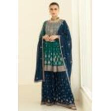 Teal Green &amp; Prussian Blue Georgette Embroidered Peplum Kurta With Sharara