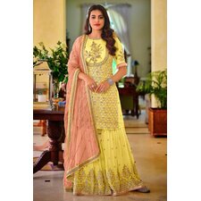 Lemon Yellow Embellished Georgette Sharara Style Suit