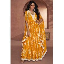 Ready To Wear Mustard Georgette Anarkali Dress With Cape