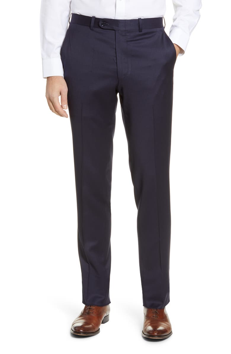 Peter Millar Harker Flat Front Solid Stretch Wool Dress Pants, Main, color, NAVY