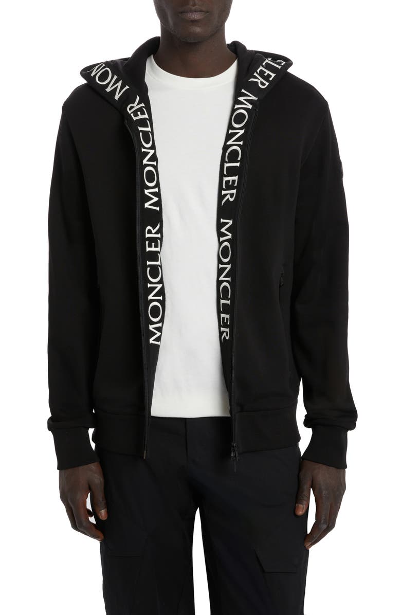 Moncler Logo Tape Cotton Zip Hoodie, Main, color, BLACK