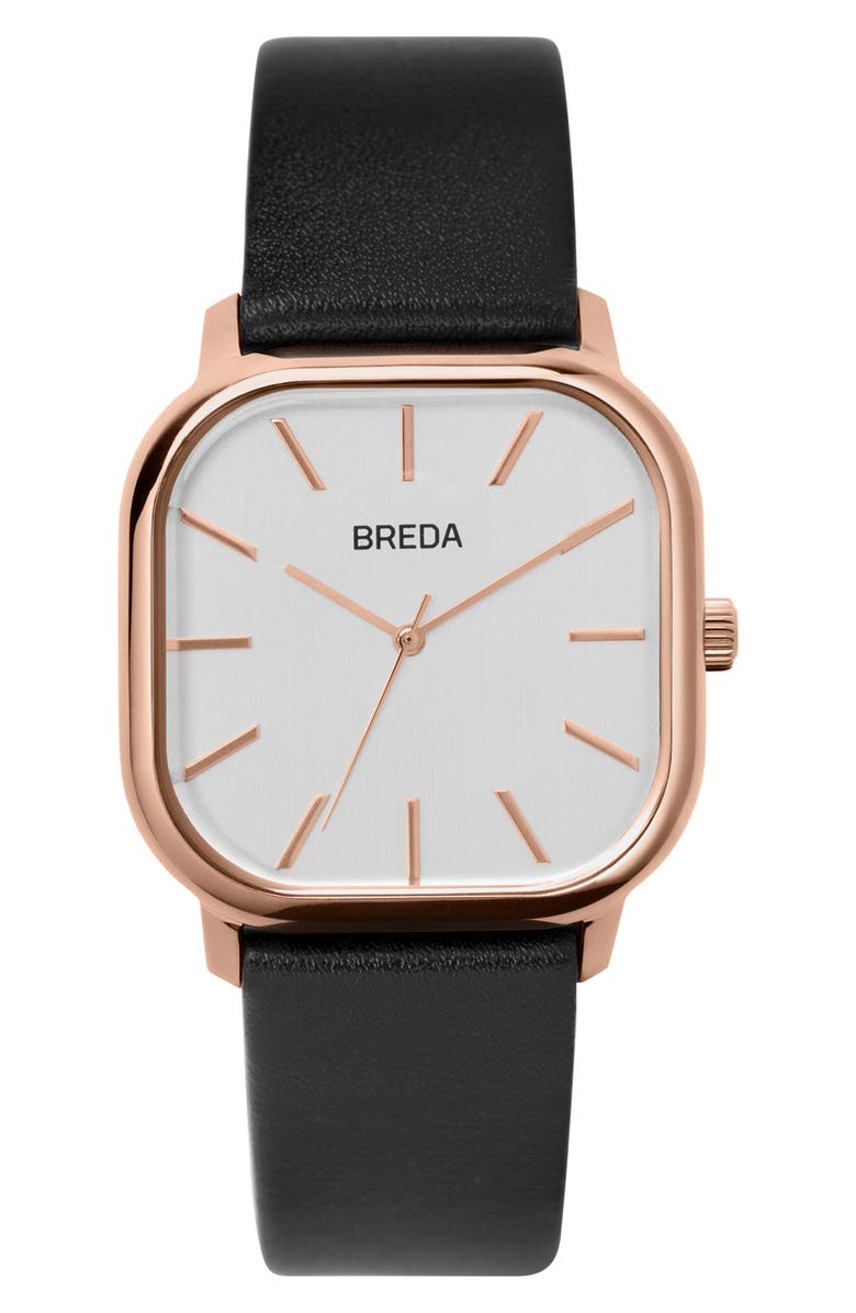 BREDA Visser Square Leather Strap Watch, 35mm, Main, color, BLACK/ WHITE/ ROSE GOLD