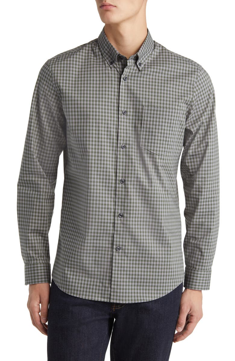 Nordstrom Tech Smart Trim Fit Button-Down Shirt, Main, color, GREEN IVY WILL GINGHAM