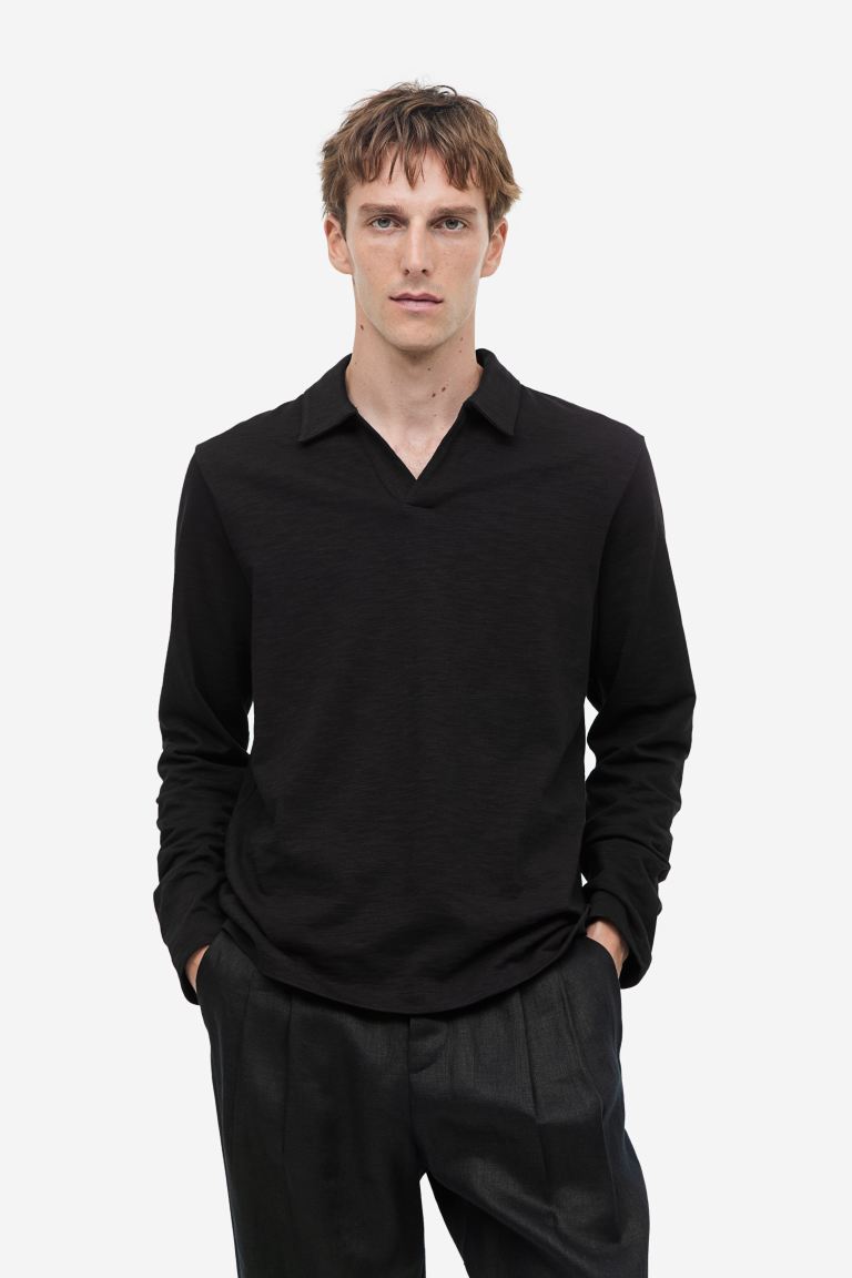 Regular Fit Long-sleeved Polo Shirt - Black - Men 