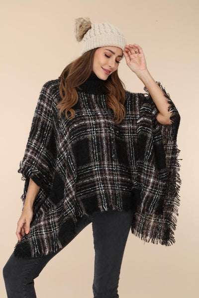 Plaid Pattern Fringe Poncho