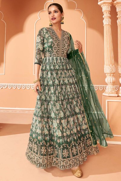 Bottle Green Georgette Flor...