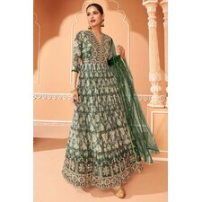 Bottle Green Georgette Floral Anarkali Dress With Dupatta