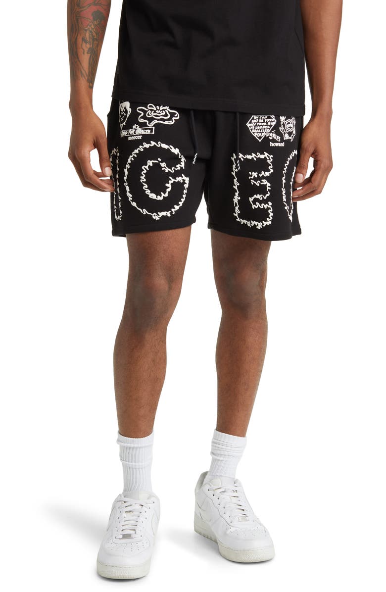 ICECREAM Flavors Graphic Sweat Shorts, Main, color, BLACK