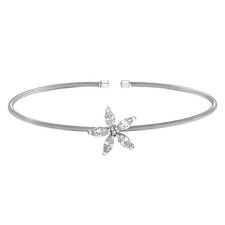 Rhodium Finish Sterling Silver Cable Cuff Flower Bracelet