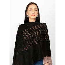 Feuilles - Black Cashmere Scarf with Black Suede Leather Leaf Applique Center Patch - Maneesha Ruia