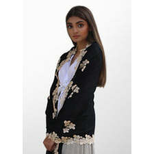 Hesperus Shiny - Black Silk and Wool Scarf with a Lt. Gold Leaf Lace Applique &amp; Border - Maneesha Ruia